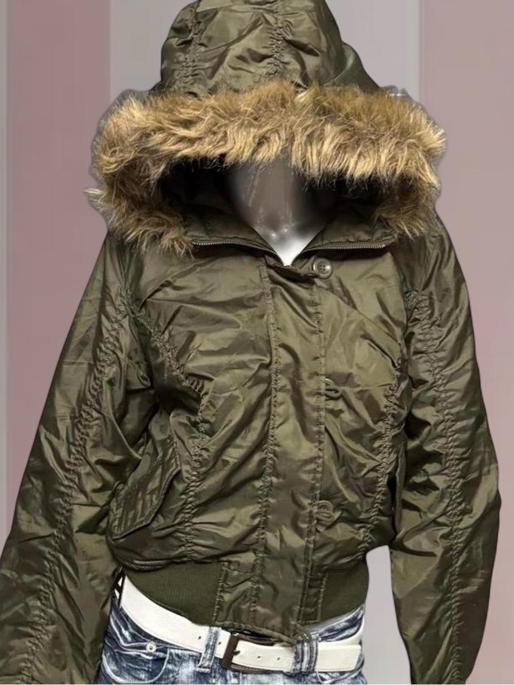 725 Originals Vintage Y2K Green Jacket W/ Faux-Fur Hood